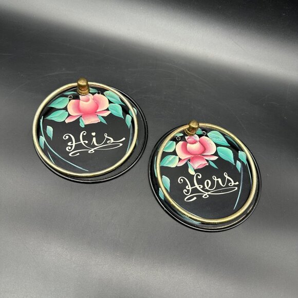 Vintage Metal Towel Rings Racks Hand Painted Floral 1950s His Hers Roses Cottage - Picture 1 of 8